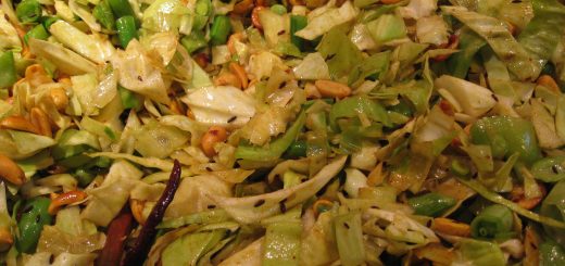 Stir-Fried Cabbage with Red Chili Peppers, Peanuts, Peas