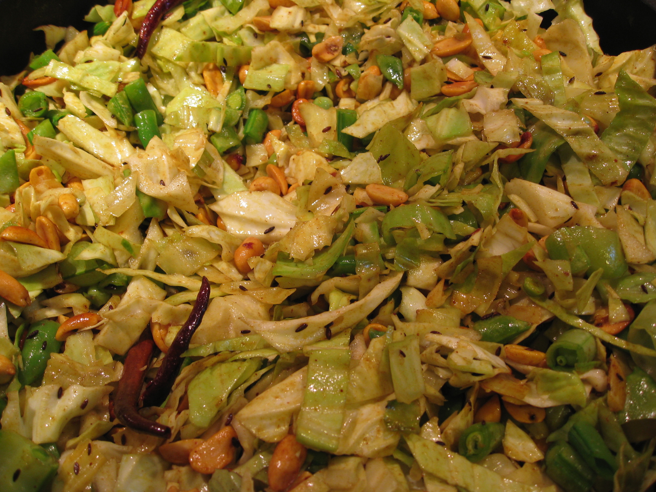 Stir-Fried Cabbage with Red Chili Peppers, Peanuts, Peas