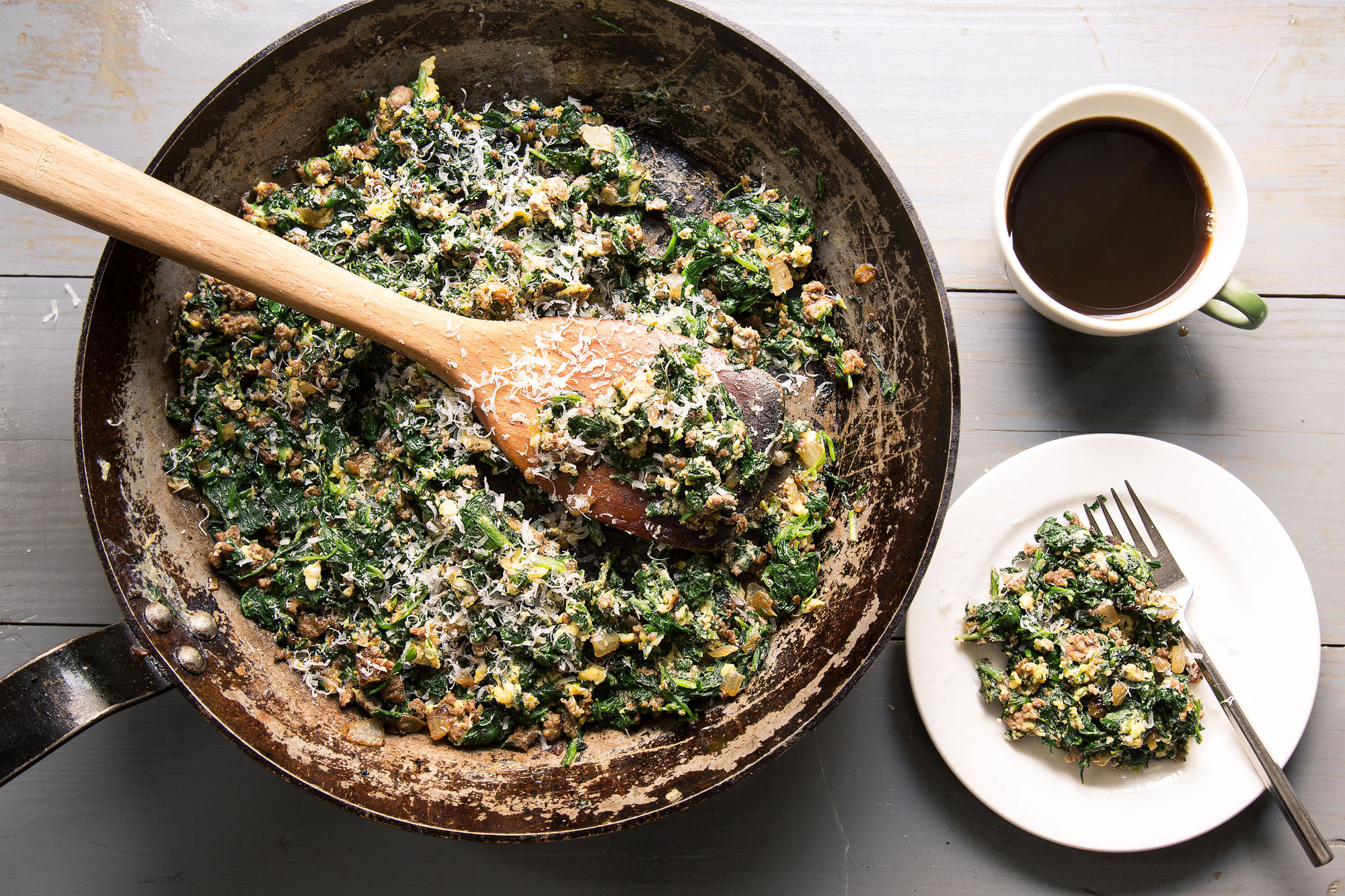 Spinach, Beef, and Egg Hash