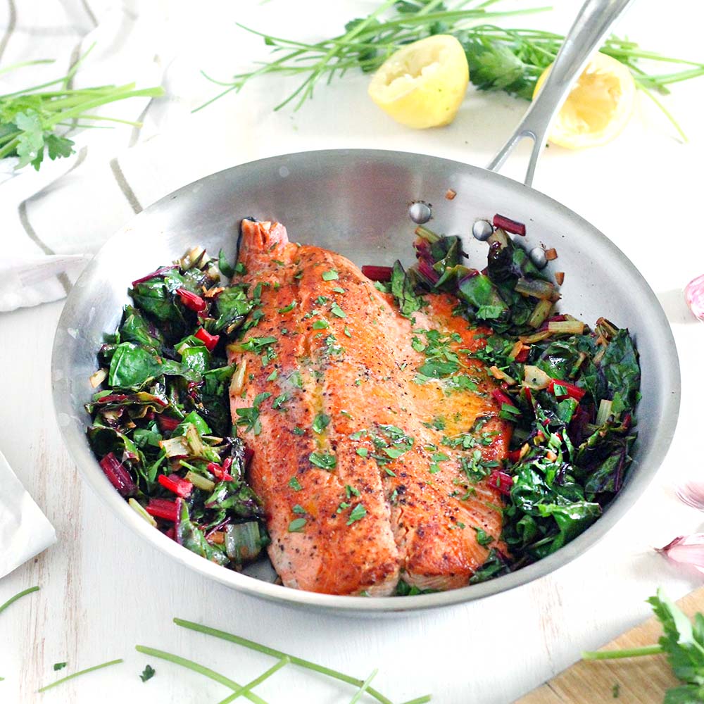 One Pan Garlic Butter Salmon and Swiss Chard