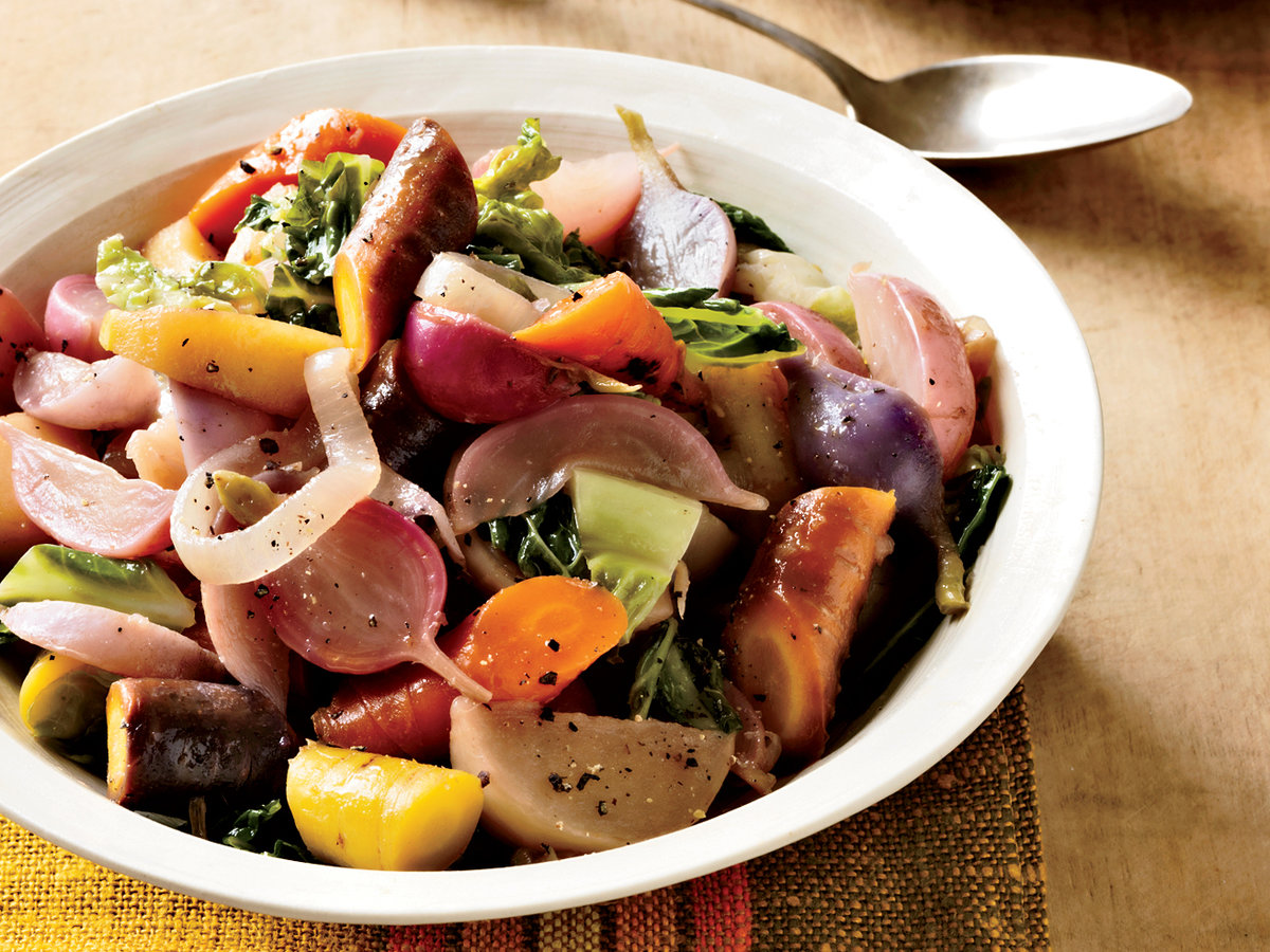 Braised Root Vegetables and Cabbage with Fall Fruit