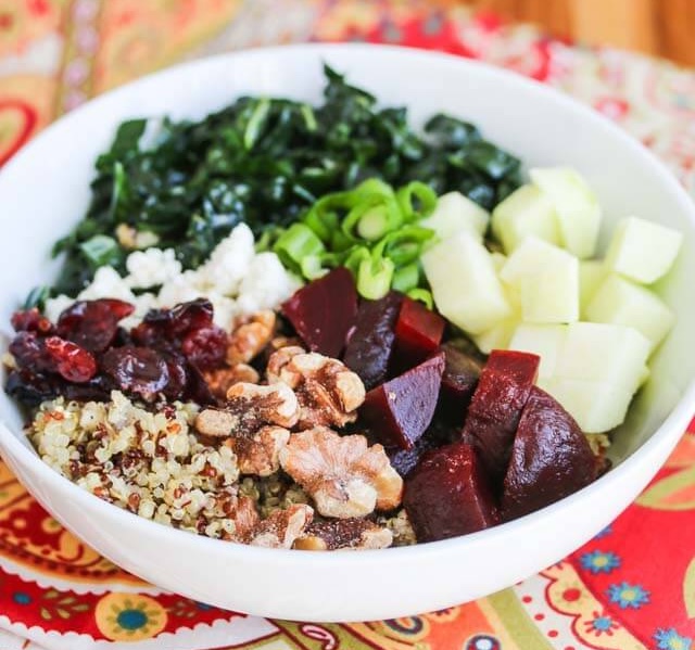 Quinoa Beet Kale Apple Walnut Goat Cheese Salad